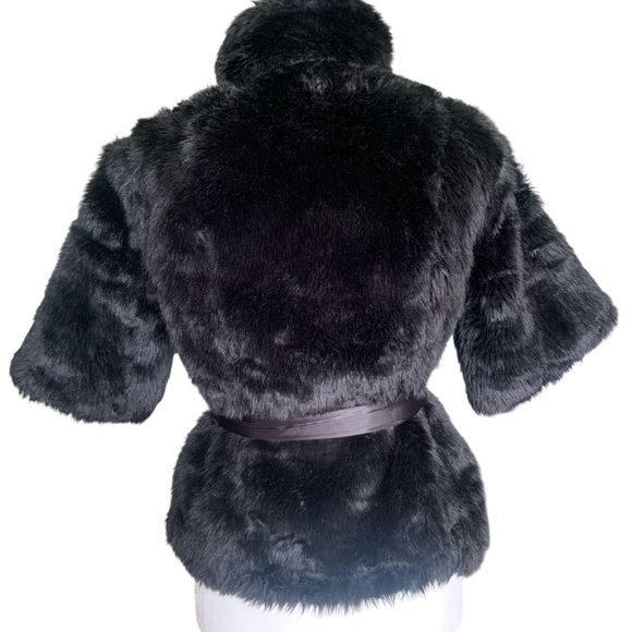 Costa Blanca Black Faux Fur Jacket with Ribbon Tie Size 8 - Picture 4 of 7